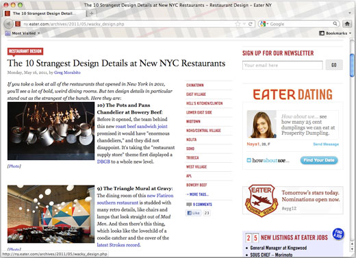 Rucola's unique chandelier featured in Eater NY's 10 strangest restaurant design details